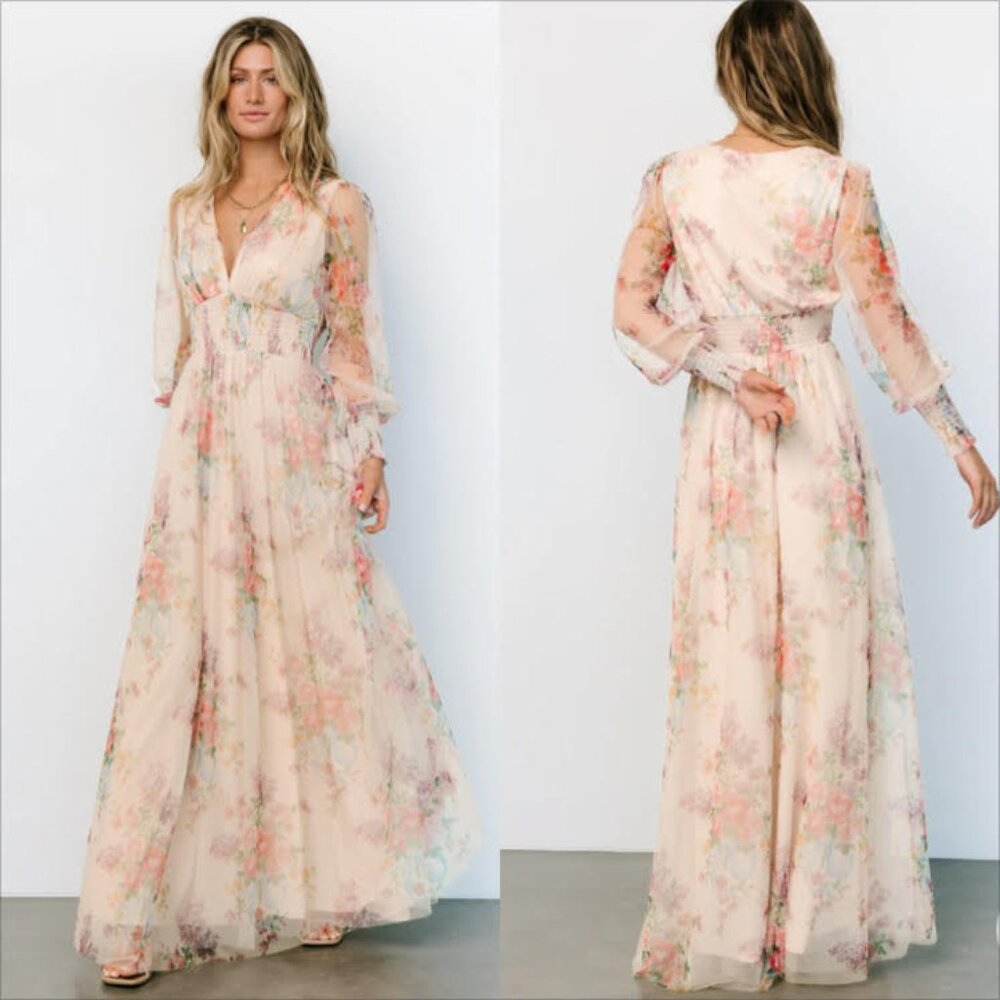 Baltic Born Floral Maxi Dress in Cream and Pink w long sleeves